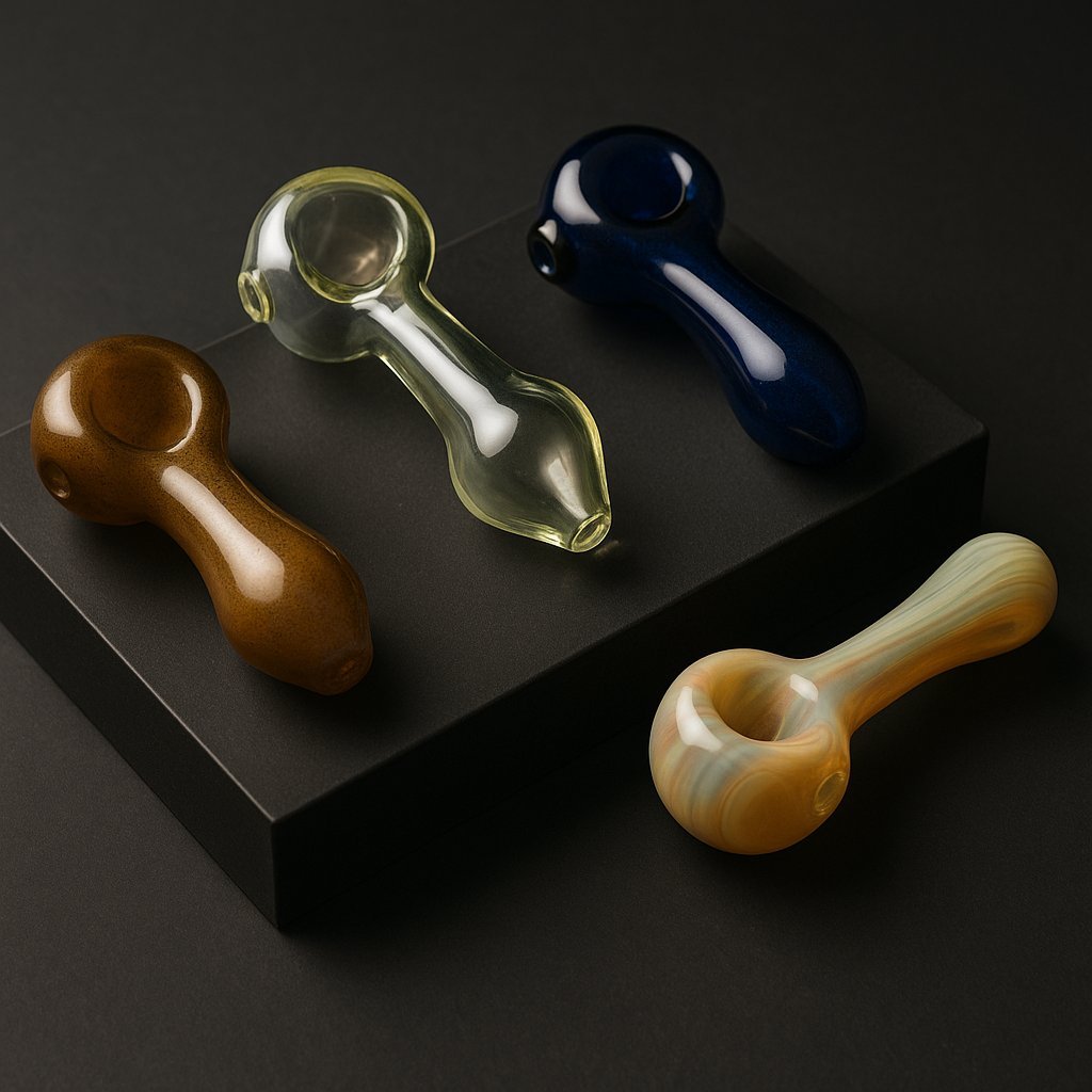Selection of artisan glass pipes arranged on a display block